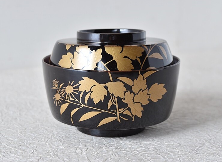時代漆器 天然木製漆塗 菊金蒔絵 煮物椀 - 生活骨董と古布の