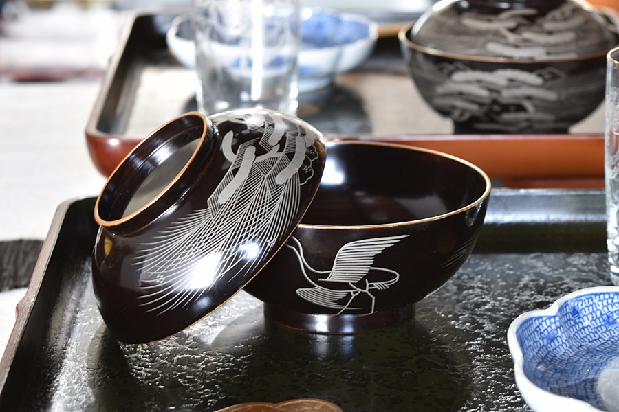 ☆ 旧家からの初だし 蒔絵漆塗御椀(松に鶴)No.2