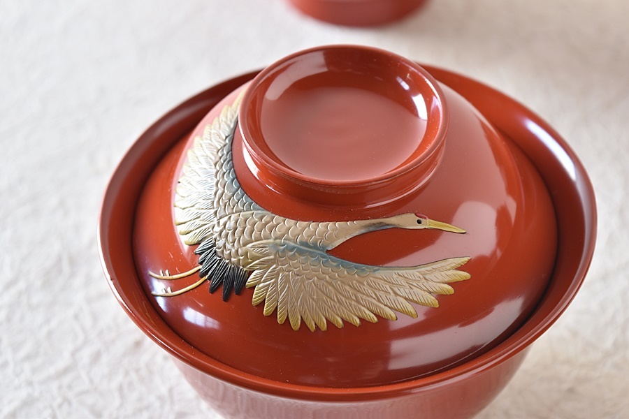 天然木製漆塗 琉球漆器 鶴亀松竹梅 朱塗吸物椀 5客セット - 生活骨董