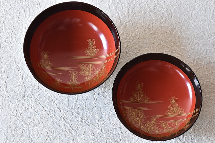 時代漆器 天然木製漆塗 日の出に鶴松金蒔絵 吸物椀 - 生活骨董と古布の