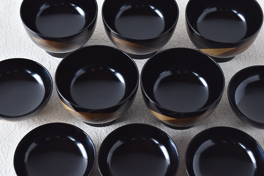 輪島塗 扇面蒔絵 松竹梅蘭菊 流水 雑煮椀 5客セット - 生活骨董と古布