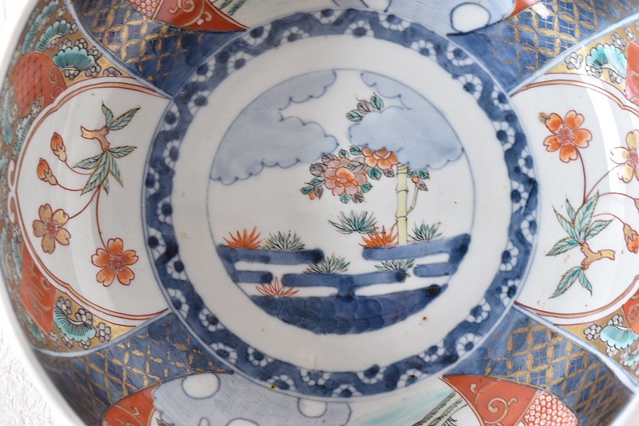 伊万里 色絵 唐獅子牡丹 桜 福文 二重高台 鉢 大 - 生活骨董と古布の