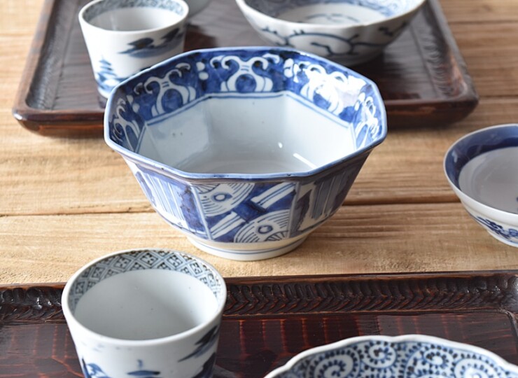 伊万里 染付 扇面 山水 八角鉢 - 生活骨董と古布のアンティーク