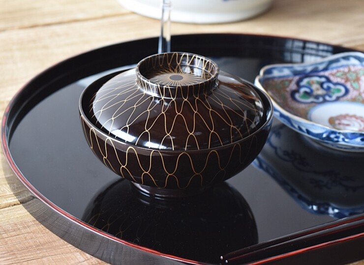 時代漆器 天然木製漆塗 黒塗金蒔絵 網手煮物椀 5客セット - 生活骨董