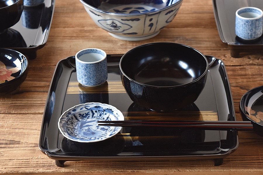 天然木製漆塗 象彦 霞蒔絵吸物膳 研ぎ出し金蒔絵 5客セット - 生活骨董