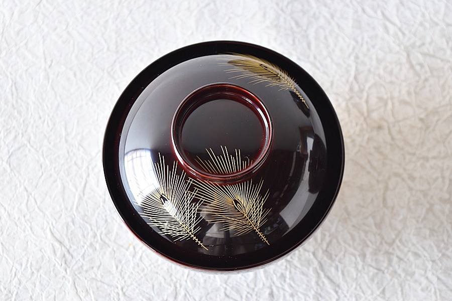 在銘 輪島塗 溜塗 沈金蒔絵 芽松 吸物椀 5客セット 西村國峰 - 生活