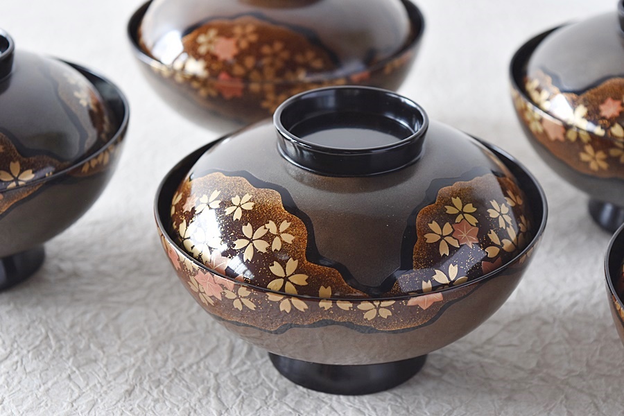 輪島塗 春秋黄金之花 見返し図有 菓子椀 煮物椀 高森漆器店 5客セット