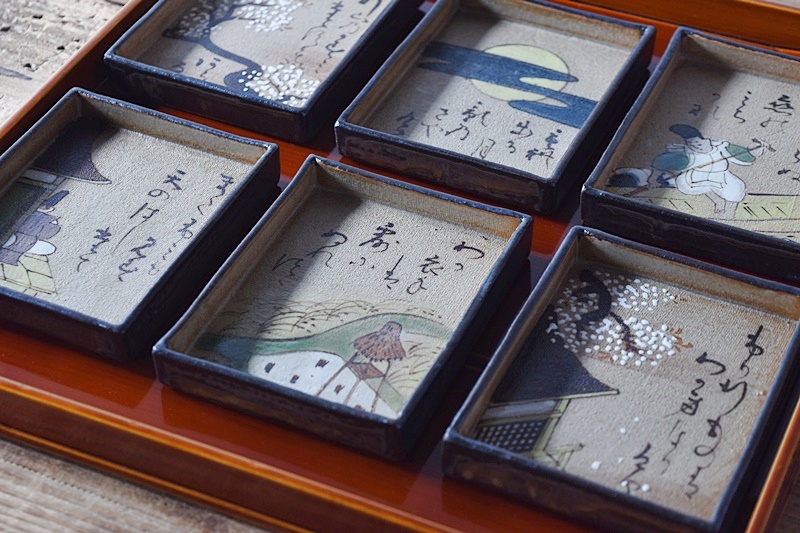 秋艸庵 乾山写 光琳かるた皿 6客セット - 生活骨董と古布の