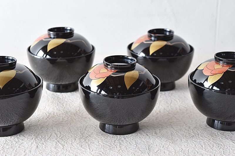 輪島塗 在銘 蒔絵師 正巳 塗師 慶峯 椿蒔絵付き 吸物椀 5客セット