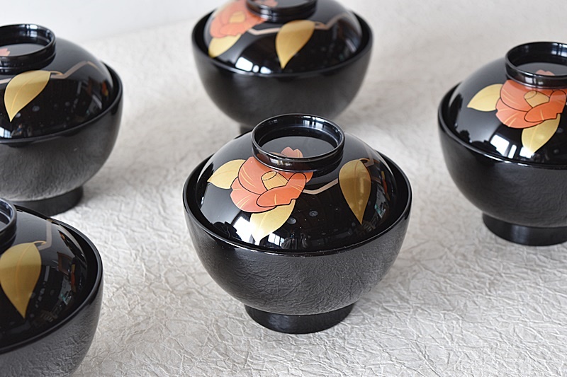 輪島塗 在銘 蒔絵師 正巳 塗師 慶峯 椿蒔絵付き 吸物椀 5客セット