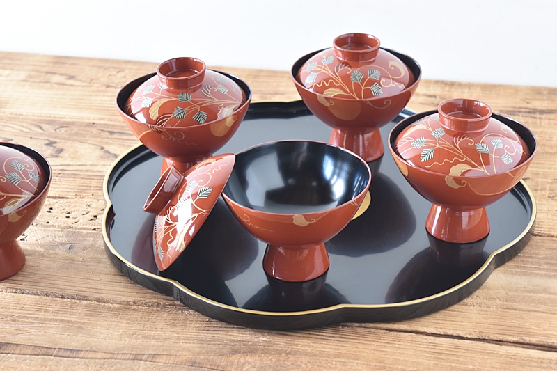 能登輪島塗 懐石料理道具 流能登輪島塗 唐草蒔絵吸物椀五客 箱付