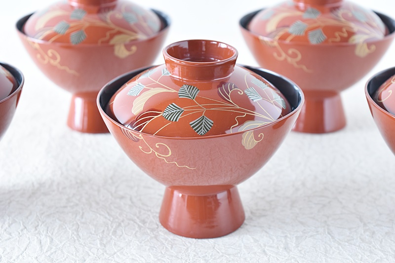 輪島塗 天然木製漆塗 唐草蒔絵 高足吸物椀 5客セット - 生活骨董と古布