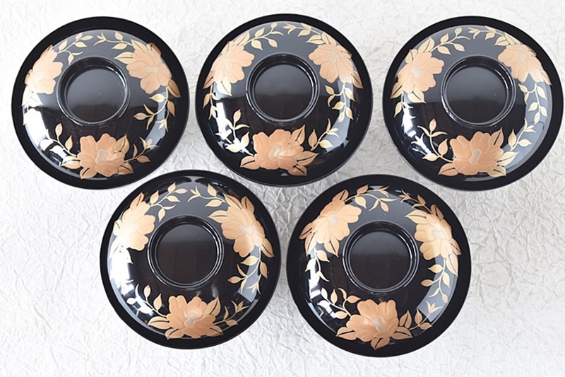 天然木製漆塗 黒塗り金蒔絵 椿蒔絵吸物椀 見返し図有 5客セット - 生活