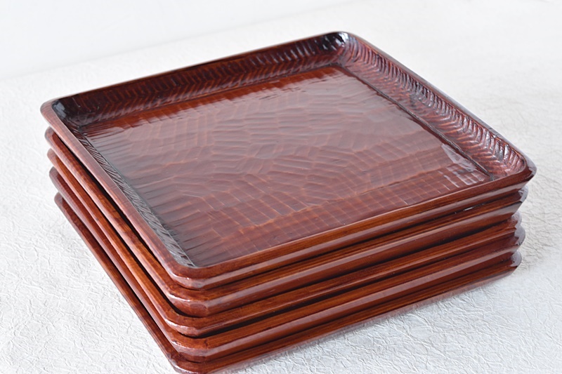 天然木製漆塗 讃岐彫 刳り貫き盆 会席膳 5客セット - 生活骨董と古布