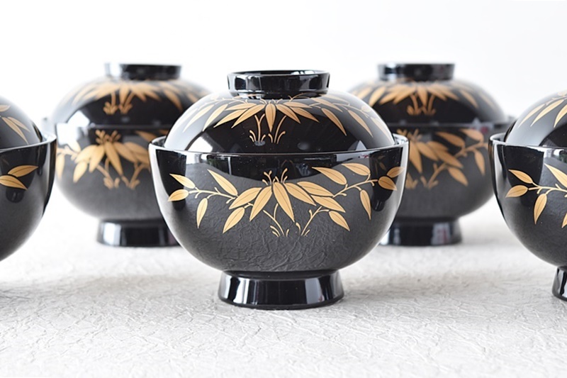 輪島塗】極美品 秋草沈金 吸物椀 坂本漆器店 黒塗 五客揃 天然木 栞 共