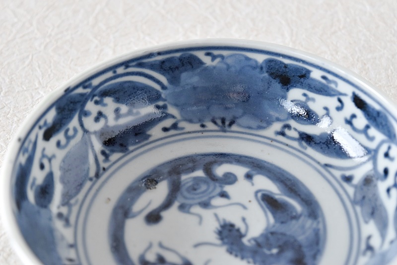 古伊万里 染付 龍と牡丹花 渦福文 膾皿 - 生活骨董と古布の