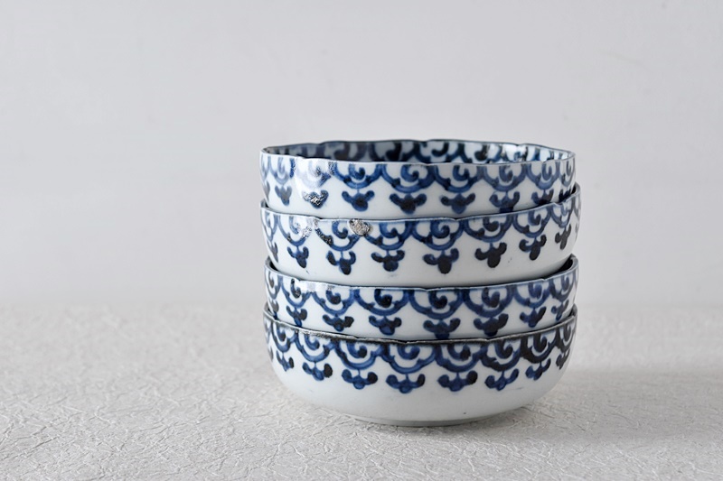 古伊万里 染付 龍 瓔珞模様 輪花型 膾皿 4客セット - 生活骨董と古布