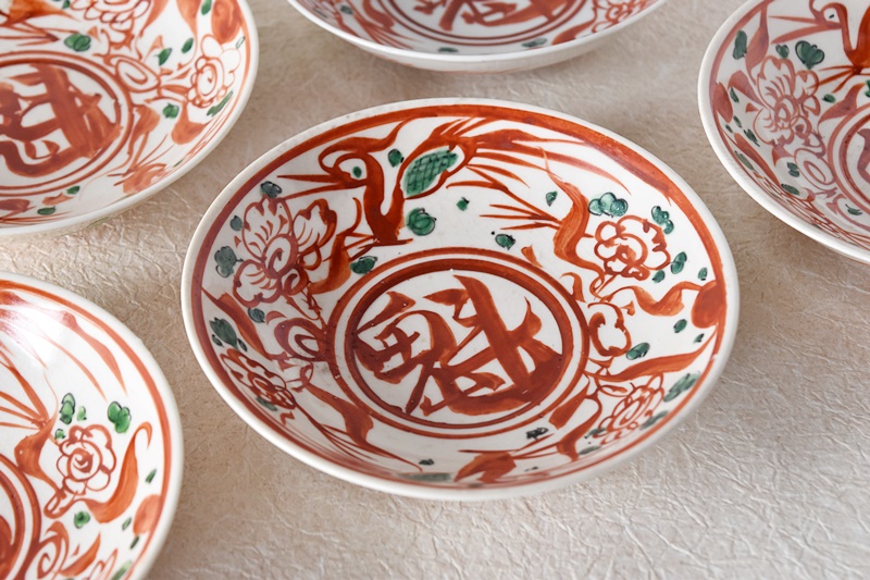 九谷 呉須赤絵花鳥魁字 角福文 5.5寸皿 5枚セット - 生活骨董と古布の