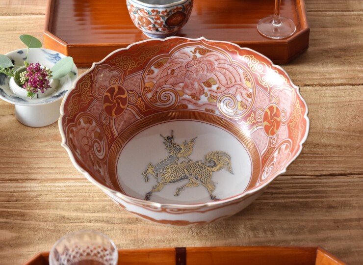九谷 赤絵 龍と鳳凰 九谷永寿 輪花型 涼香型 鉢 - 生活骨董と古布の