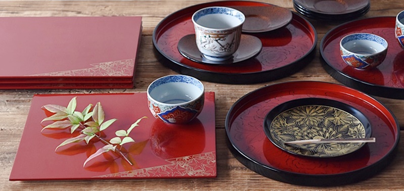 天然木製漆塗 輪島塗 沈金蒔絵 菊花草 黒塗り 菓子皿 銘々皿 5客