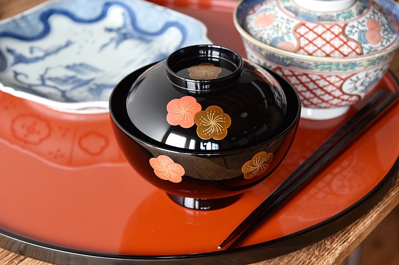 天然木製漆塗 輪島塗 梅蒔絵 吸物椀 5客セット 蒔絵師信斎 塗師静峰