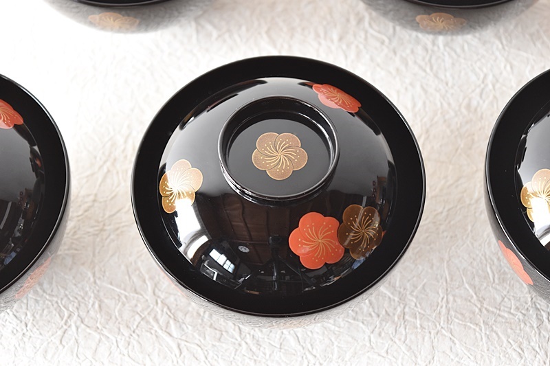 天然木製漆塗 輪島塗 梅蒔絵 吸物椀 5客セット 蒔絵師信斎 塗師静峰