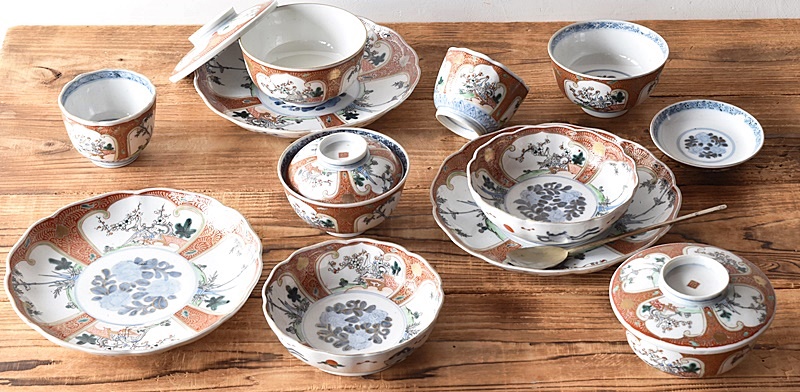 伊万里 通り物 色絵 赤絵 金彩唐草 鶴鳥松竹梅 輪花型 なます皿 - 生活