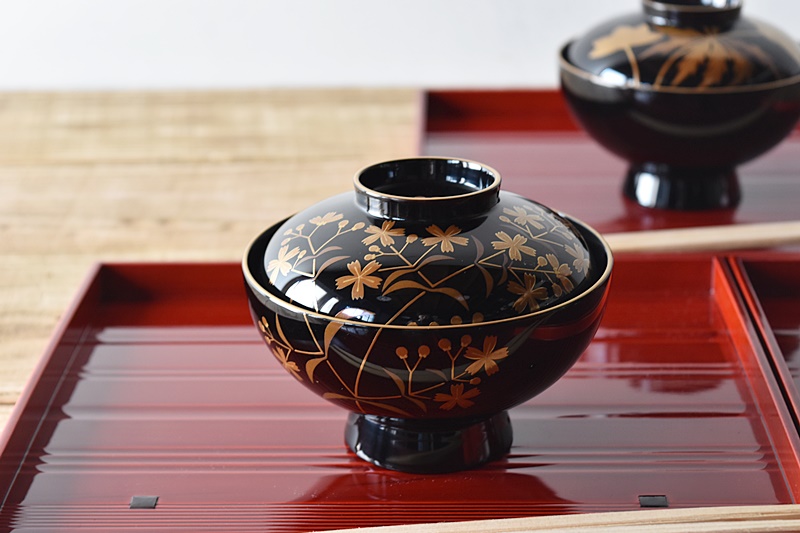 輪島塗 わじま龍作 小川祥二 草花図変わり金蒔絵 研ぎ出し蒔絵 吸物椀