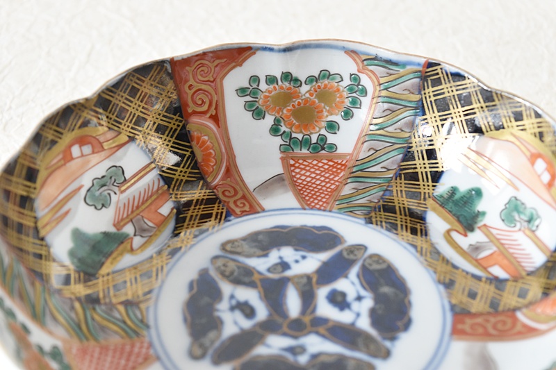 伊万里 色絵 菊花風景図 書き分け 輪花型 なます皿 - 生活骨董と古布の