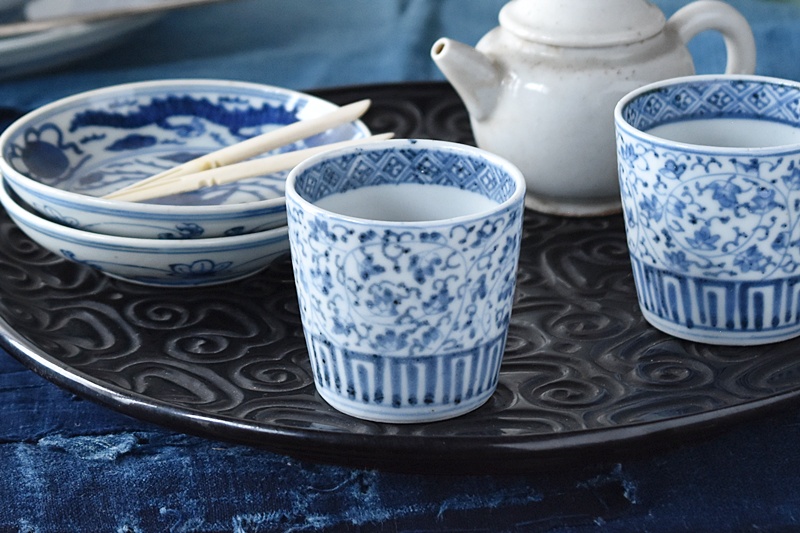 蕎麦猪口 竹と雀 古伊万里 金襴手 唐草花 兎 蕎麦猪口 10客