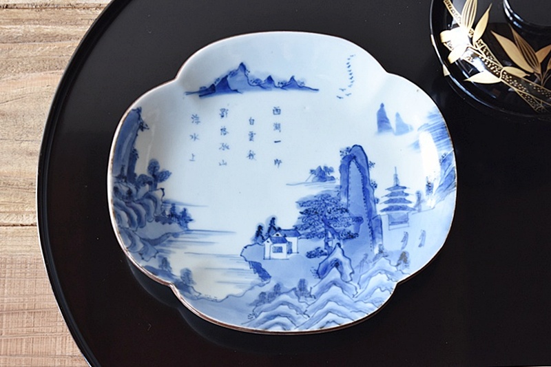 古伊万里 染付 楼閣山水図 漢詩 木瓜型 皿 5客セット - 生活骨董と古布