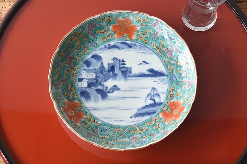 古伊万里、赤絵南蛮船、竜宮図輪花鉢、江戸時代。本物保障。 古伊万里