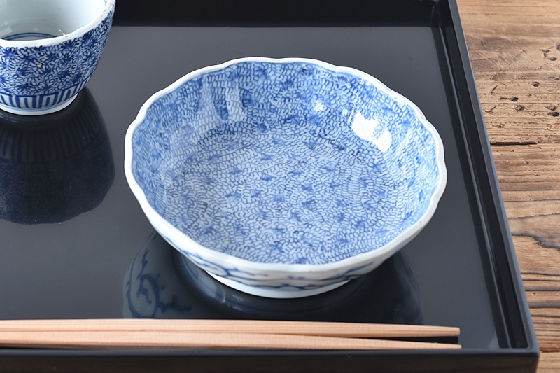 古伊万里 染付 総微塵唐草模様 成化年製文 輪花型 膾皿 5客セット