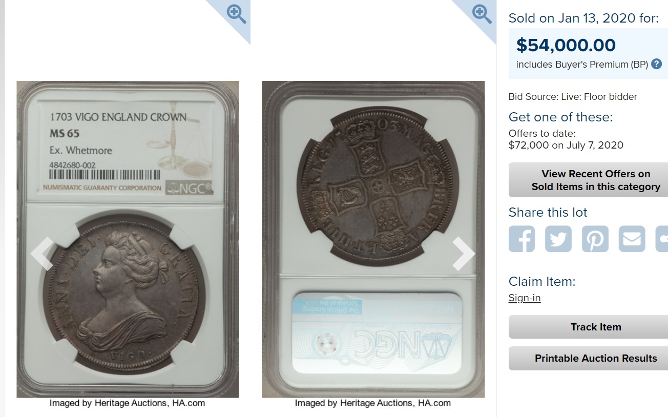 幻のVIGO】1703年アン女王VIGOクラウン銀貨【AU55】 | アンティーク