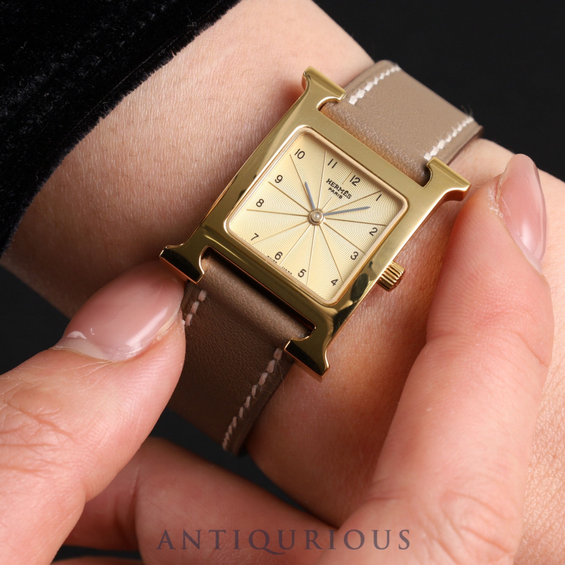 Hermes H Watch HH1.201 Quartz GP Genuine Leather Strap Gold Dial