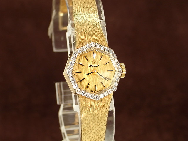 オメガ アンティーク 14KYG レディース 8角ケース 豪華ダイヤ巻き