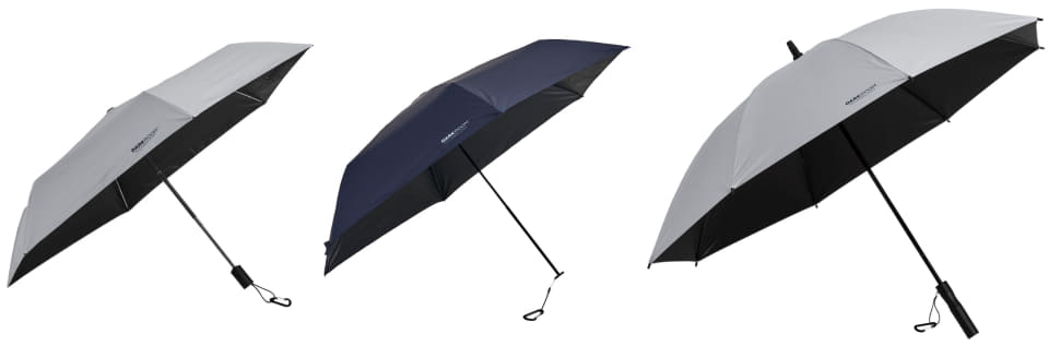 コールマン、テント技術応用した折りたたみ傘。雨風に強い大型、遮光で