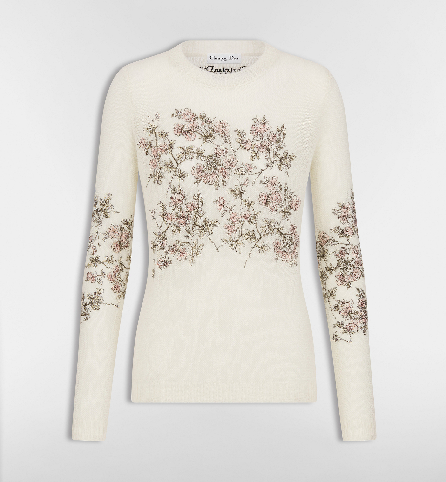 Embroidered Sweater White Silk-Mohair-Alpaca-Blend Knit with