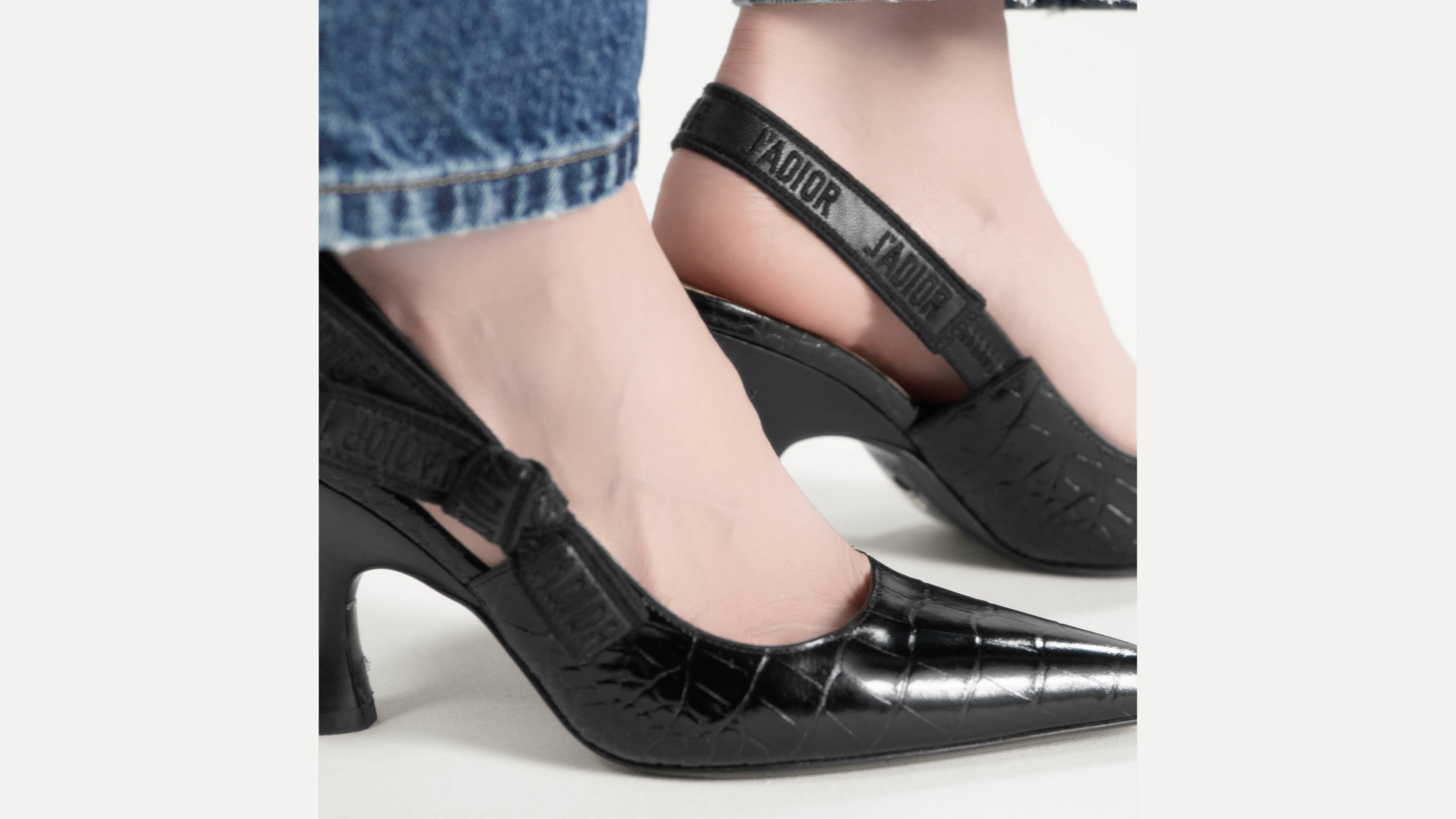 J'Adior Slingback Pump Black Calfskin Printed with Crocodile Motif