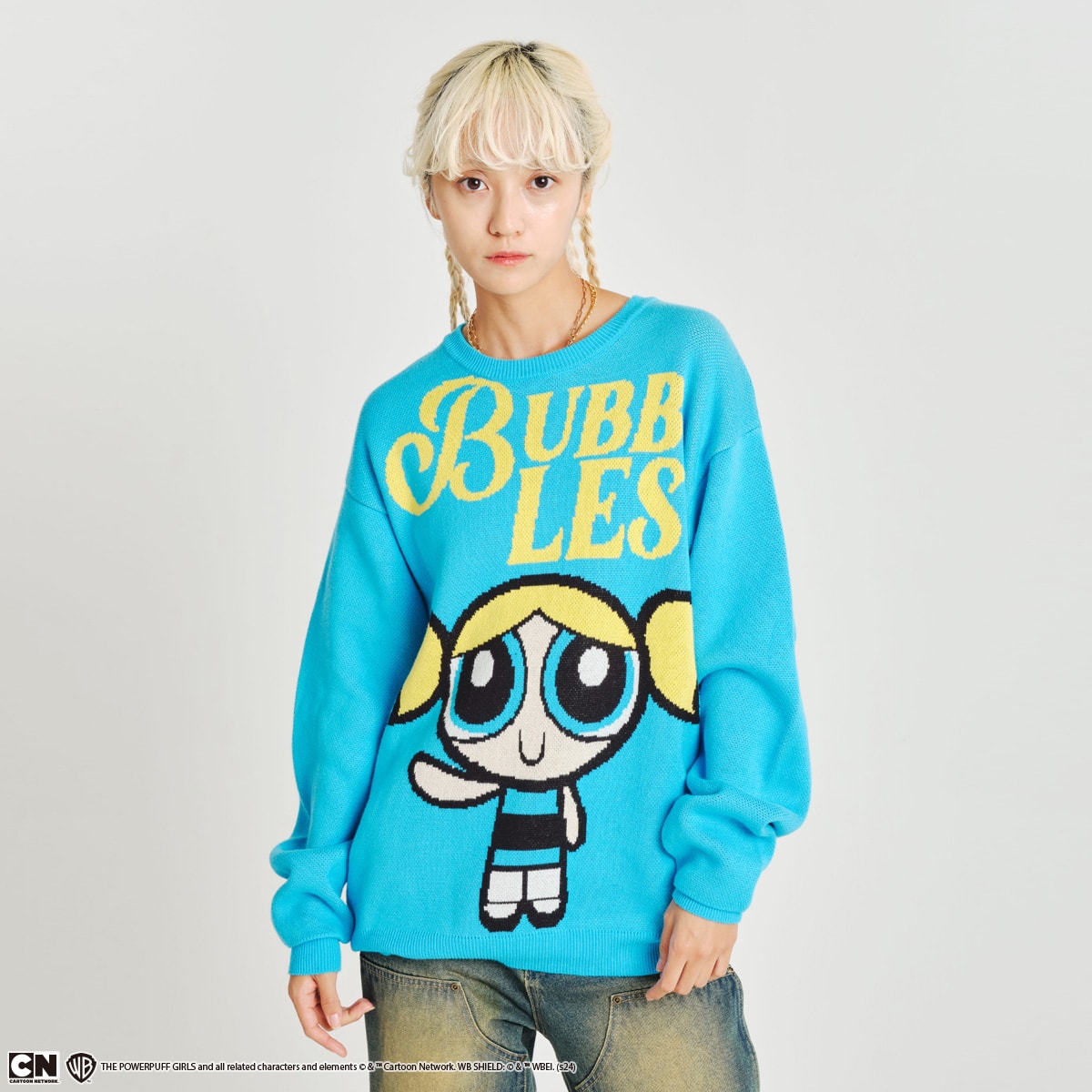 The Powerpuff Girls X atmos pink Knit Sweater BLUE（ザ パワーパフ