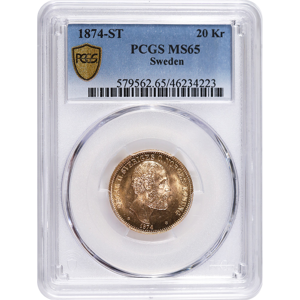 Certified Sweden 20 Kronor Gold 1874-ST MS65 PCGS - Golden Eagle Coins