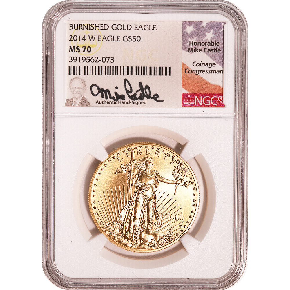 Certified Burnished American $50 Gold Eagle 2014-W MS70 NGC Castle