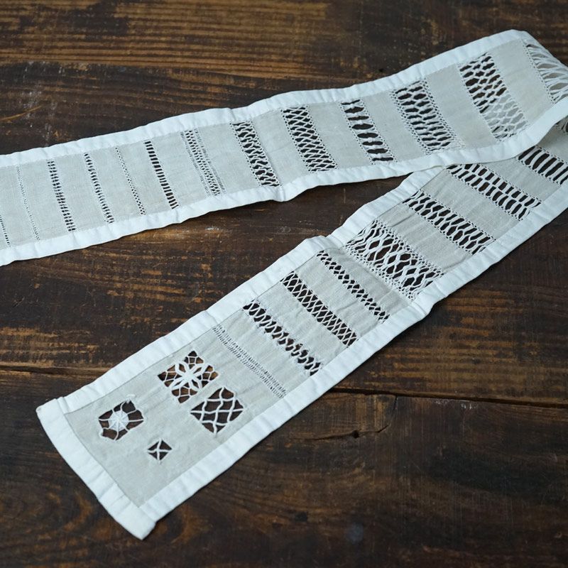 珍しいドロンワーク刺繍サンプラー10×98cm 1920年代頃 配送 ge-1117