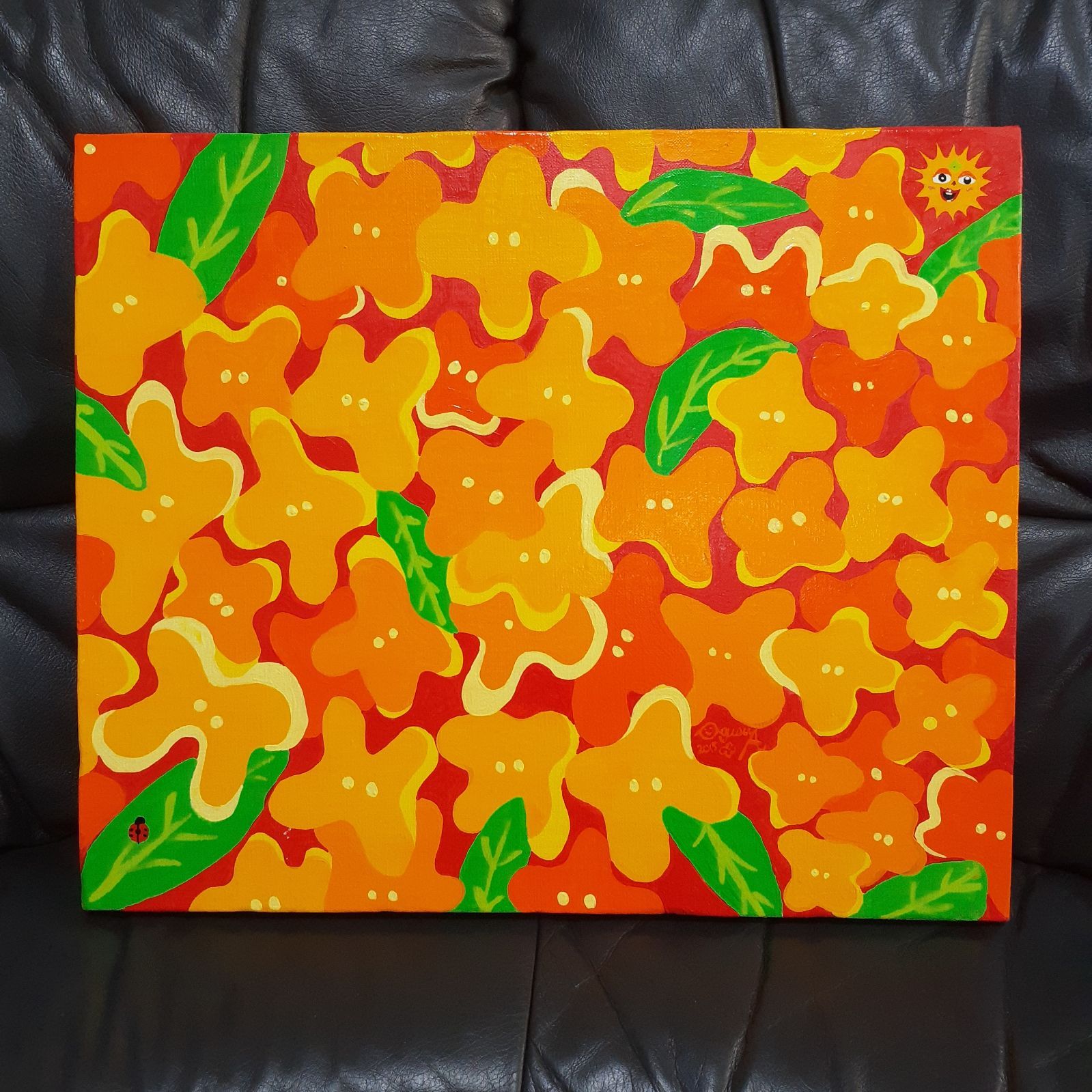 ハート型 青い花だらけのハートの作品 画家 小楠アキコ作品 40×40cm