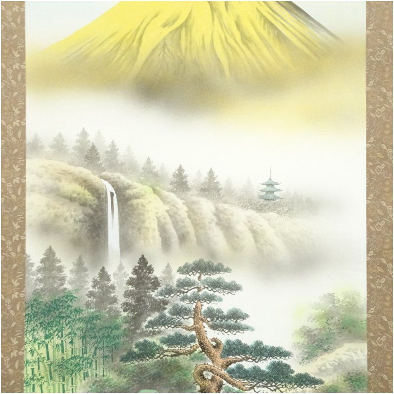 高井一鳳筆 対沖厳封山水図 肉筆絹本掛軸（共箱） 掛け軸 床の間 書