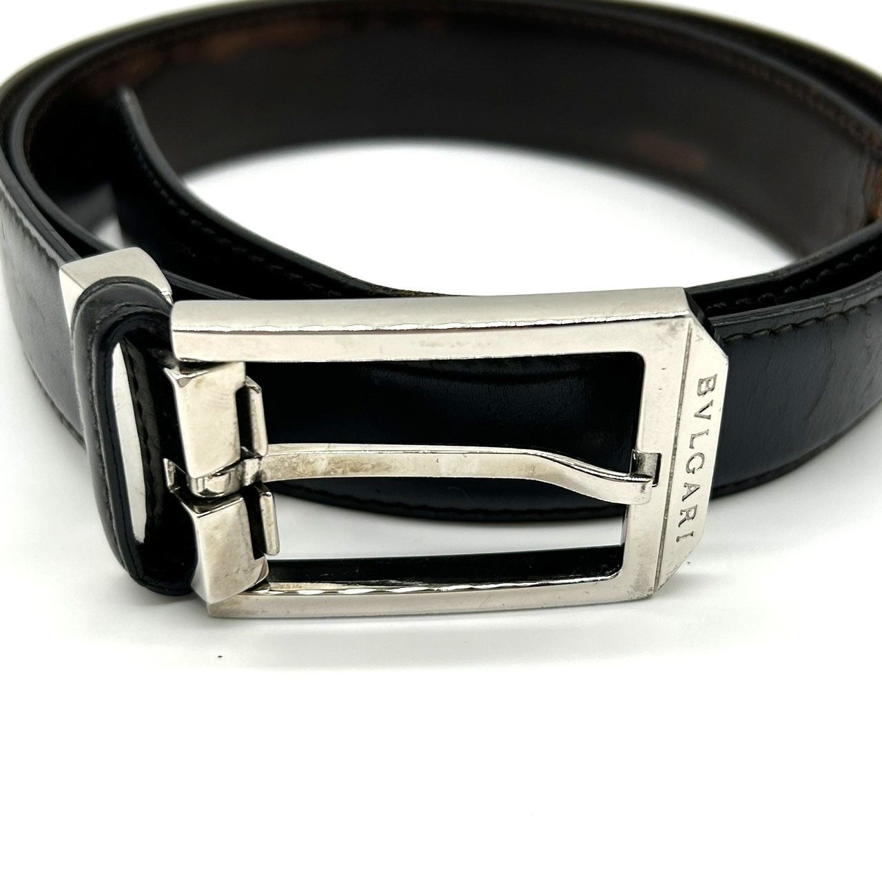 BVLGARI ブルガリ ベルト サークルロゴ シルバー金具 レザー ブラック