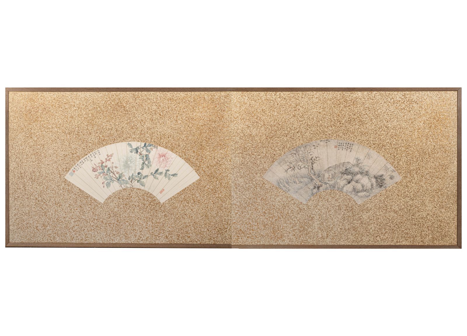 古美術】陸應祥 蔣炳荃 扇面散らし 二曲屏風 金砂子地：花鳥図・山水図