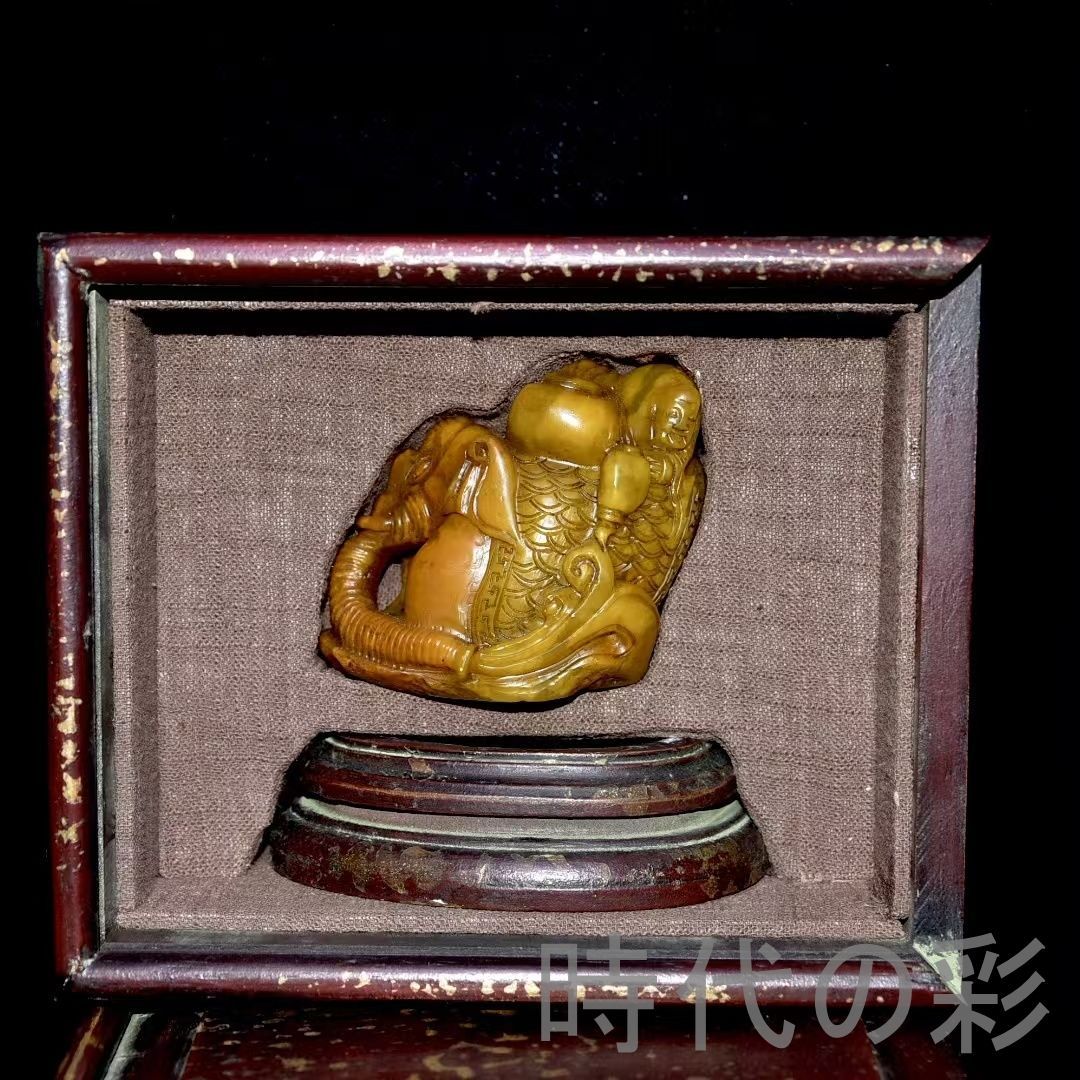 旧蔵 田黄石 古獣置物】老木箱付 寿山石 林皋作 丁卯年 中国古美術