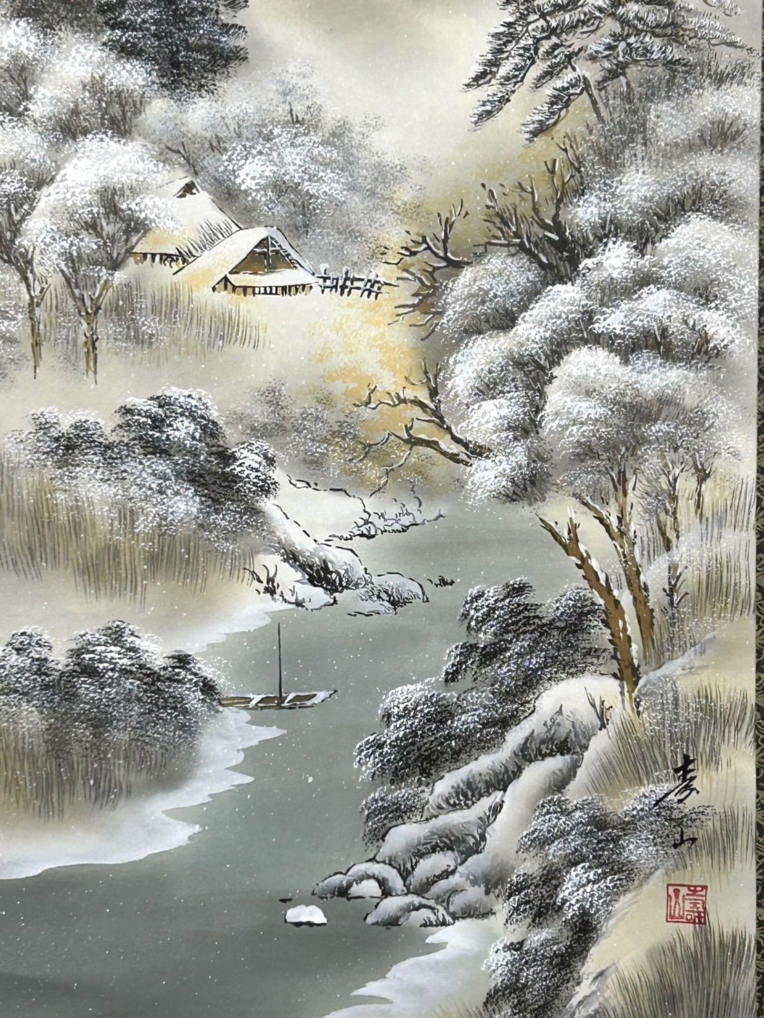 幽玄】時代真作保証和田寿山 肉筆掛軸 風景画 楼閣山水 雪景色 落款