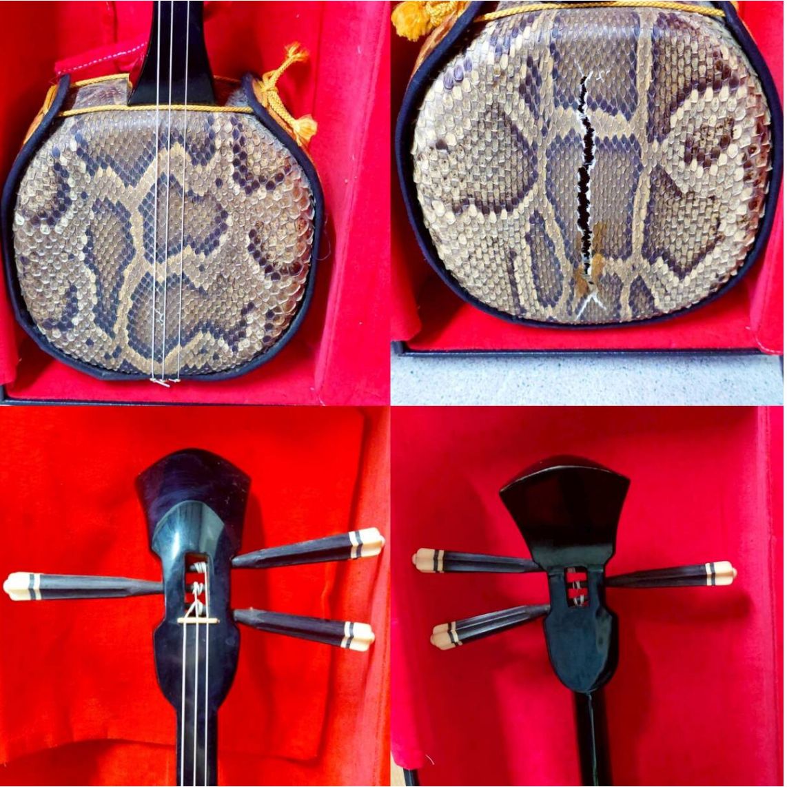 ❗️✨本蛇皮三線✨❗️】沖縄伝統楽器✨ 金糸刺繍胴巻きモデル 約414g